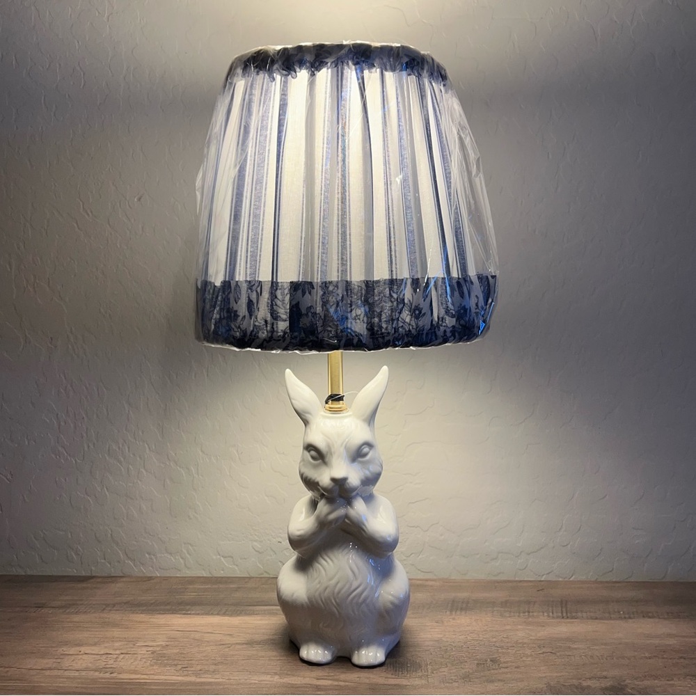 Karma Home White Porcelain Bunny Table Lamp Blue Floral Shade Spring Decor
